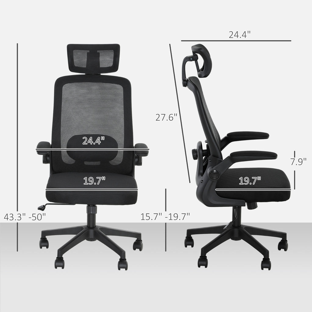 Mesh Office Chair, Ergonomic Desk Chair With Flip-up Armrest, Rotatable Headrest, Adjustable Lumbar Support, Black
