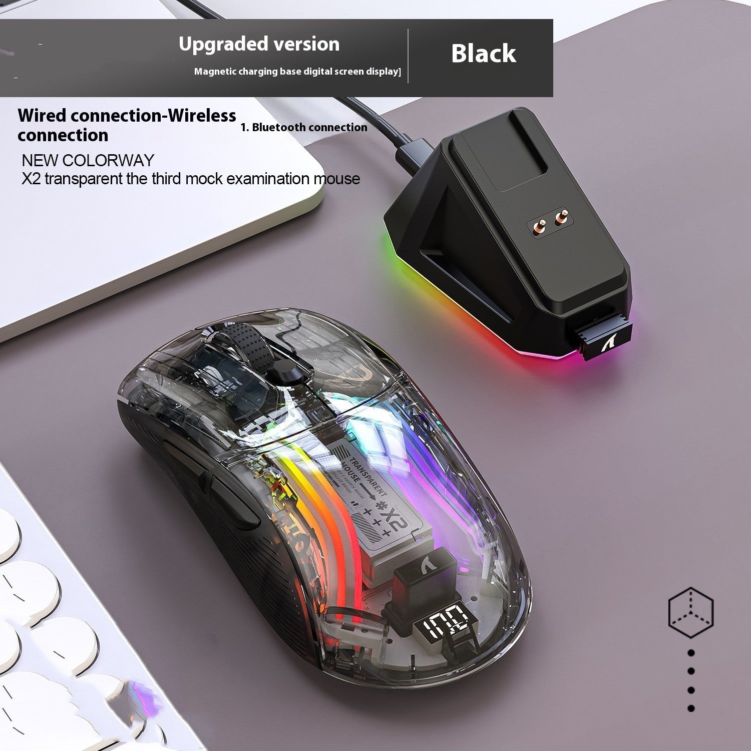 Wireless Bluetooth Three-mode RGB Luminous Transparent Gaming Mouse With Screen