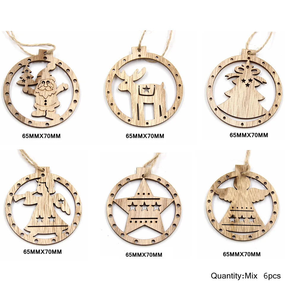 6PCS Vintage Christmas Wooden Pendant Hollow Canton Hanging Ornaments for Christmas Tree Decoration  DIY Wood Crafts Kids Toys