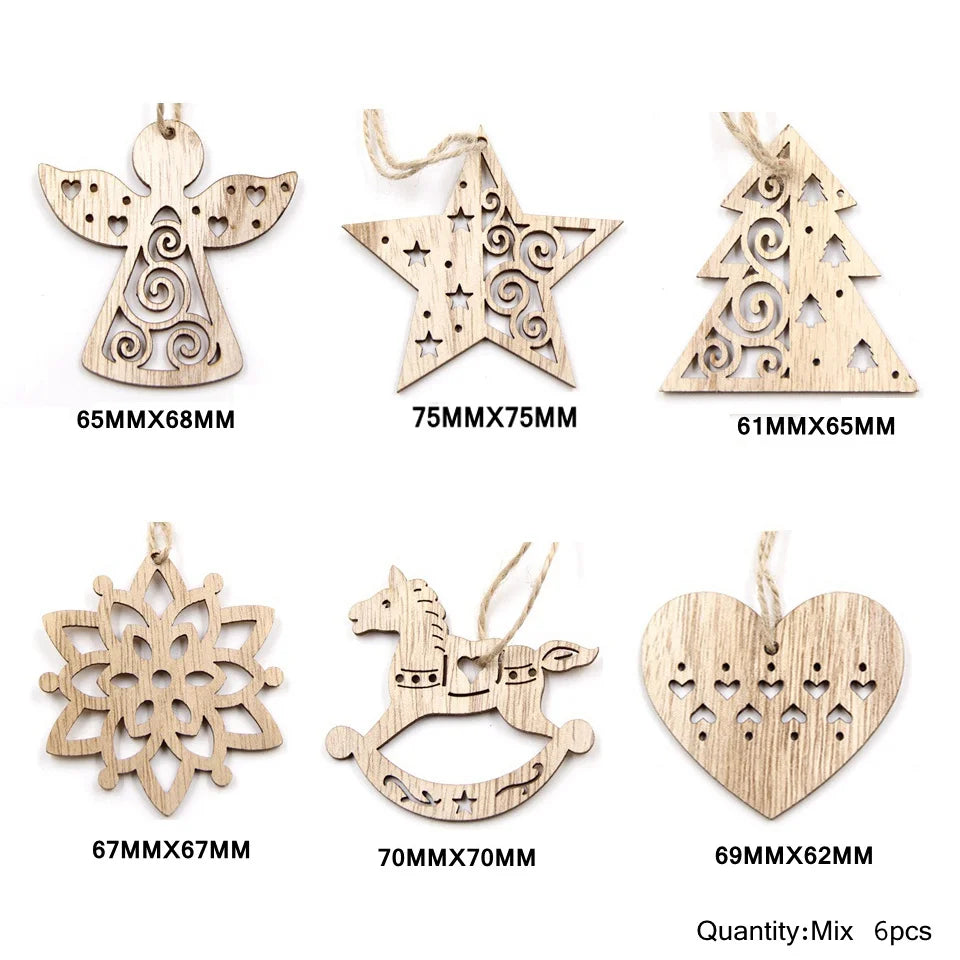 6PCS Vintage Christmas Wooden Pendant Hollow Canton Hanging Ornaments for Christmas Tree Decoration  DIY Wood Crafts Kids Toys