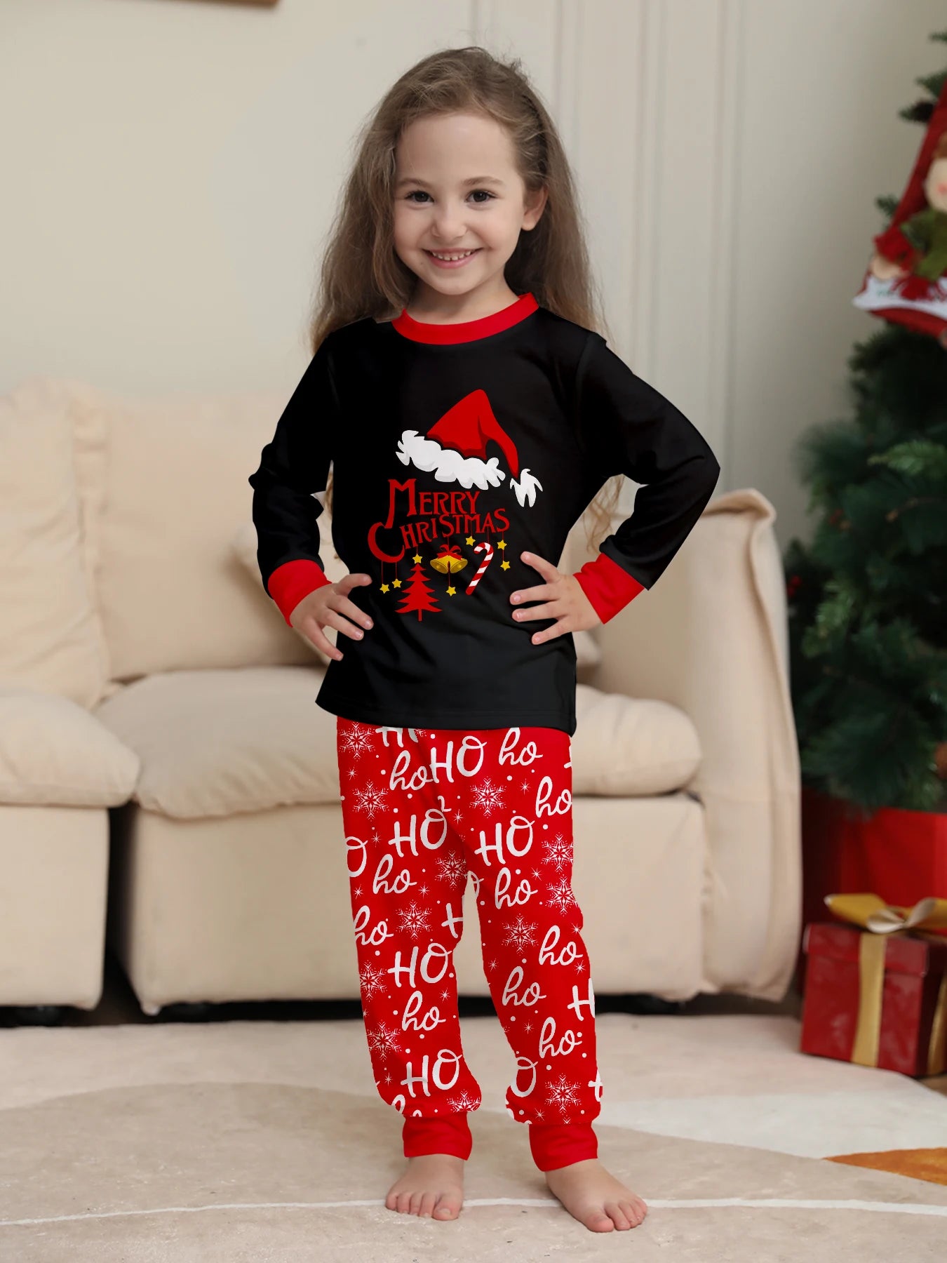 Black & Red Family Christmas Pajamas Set: Santa Hat 'Merry Christmas' Top + 'Ho Ho' Patterned Bottoms