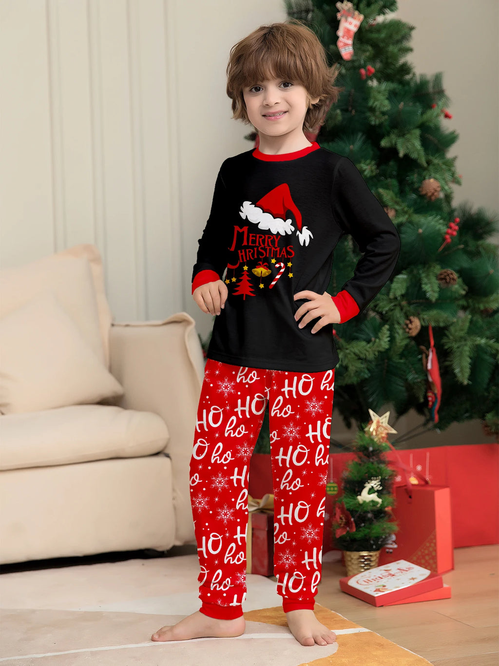 Black & Red Family Christmas Pajamas Set: Santa Hat 'Merry Christmas' Top + 'Ho Ho' Patterned Bottoms