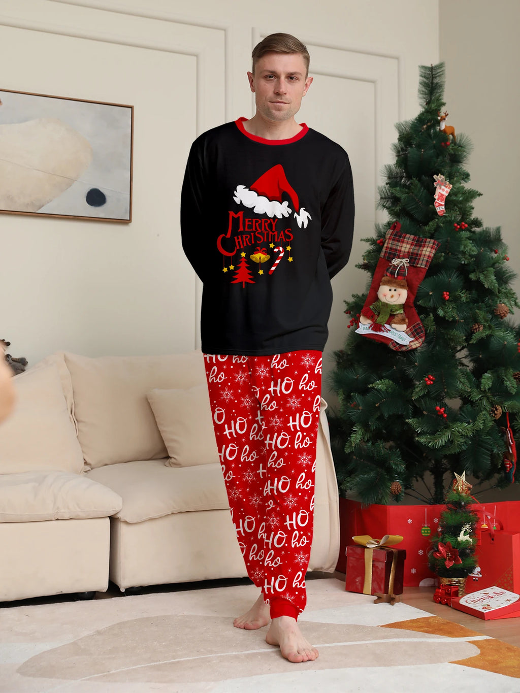 Black & Red Family Christmas Pajamas Set: Santa Hat 'Merry Christmas' Top + 'Ho Ho' Patterned Bottoms