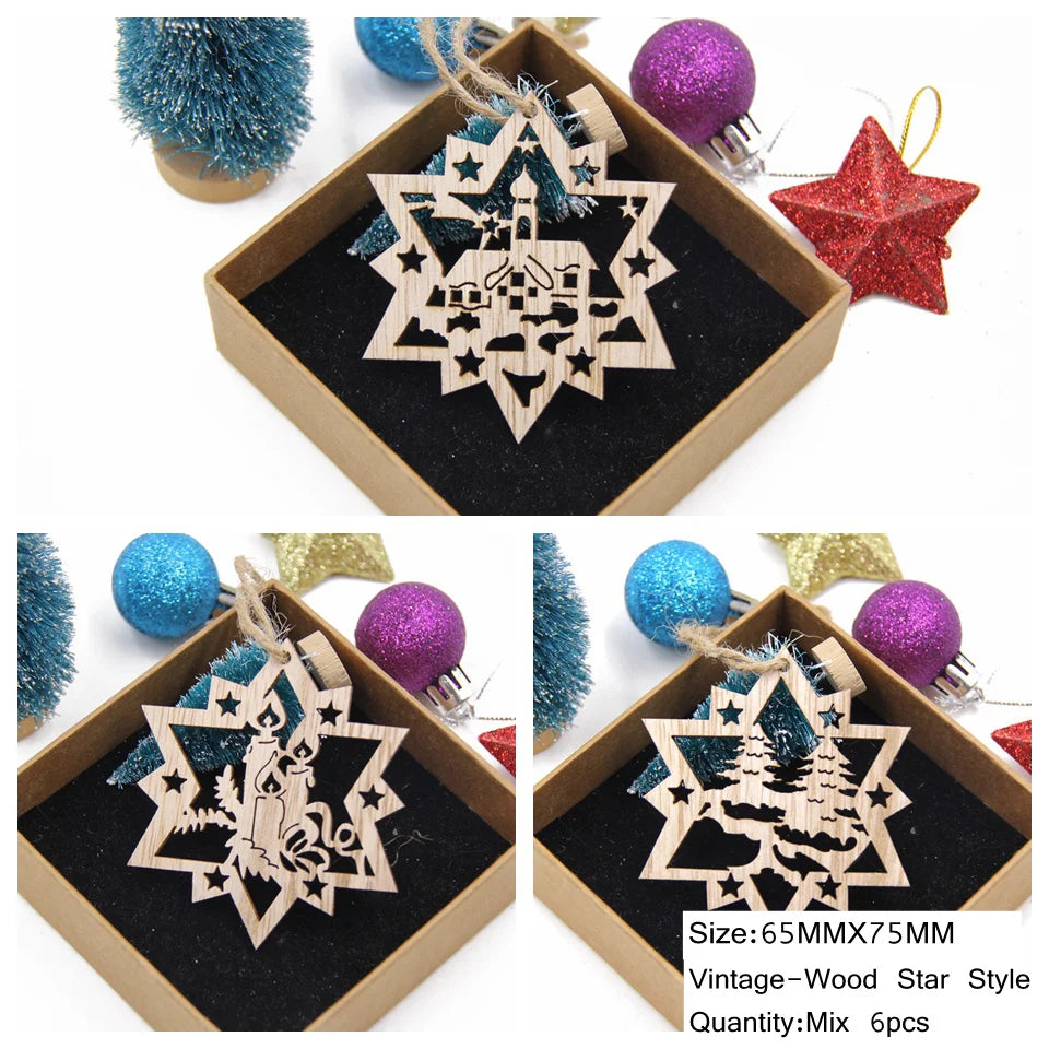 6PCS Vintage Christmas Wooden Pendant Hollow Canton Hanging Ornaments for Christmas Tree Decoration  DIY Wood Crafts Kids Toys