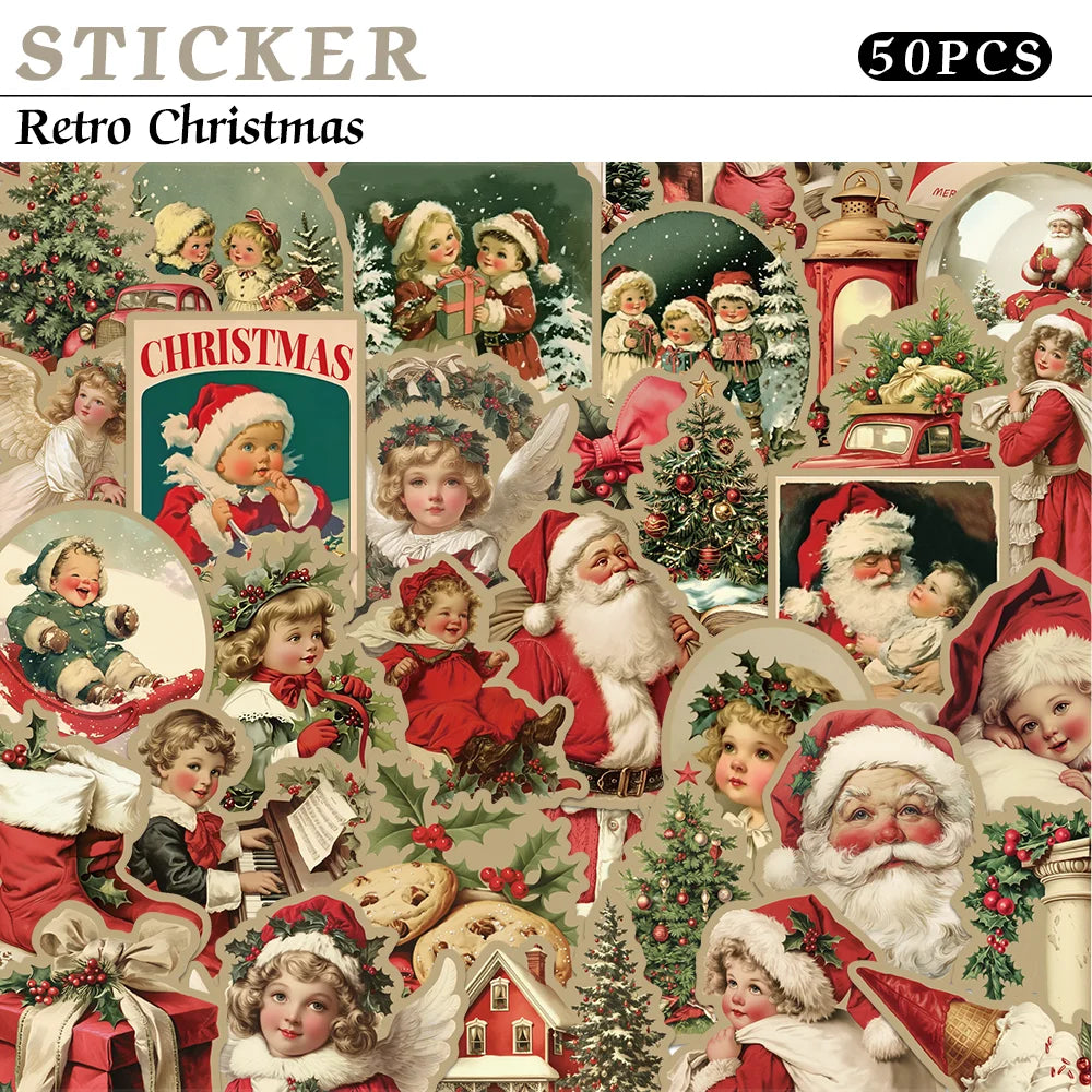 50pcs retro Christmas stickers suitcase cup laptop Christmas decoration paper-cut book guitar DIY waterproof stickers