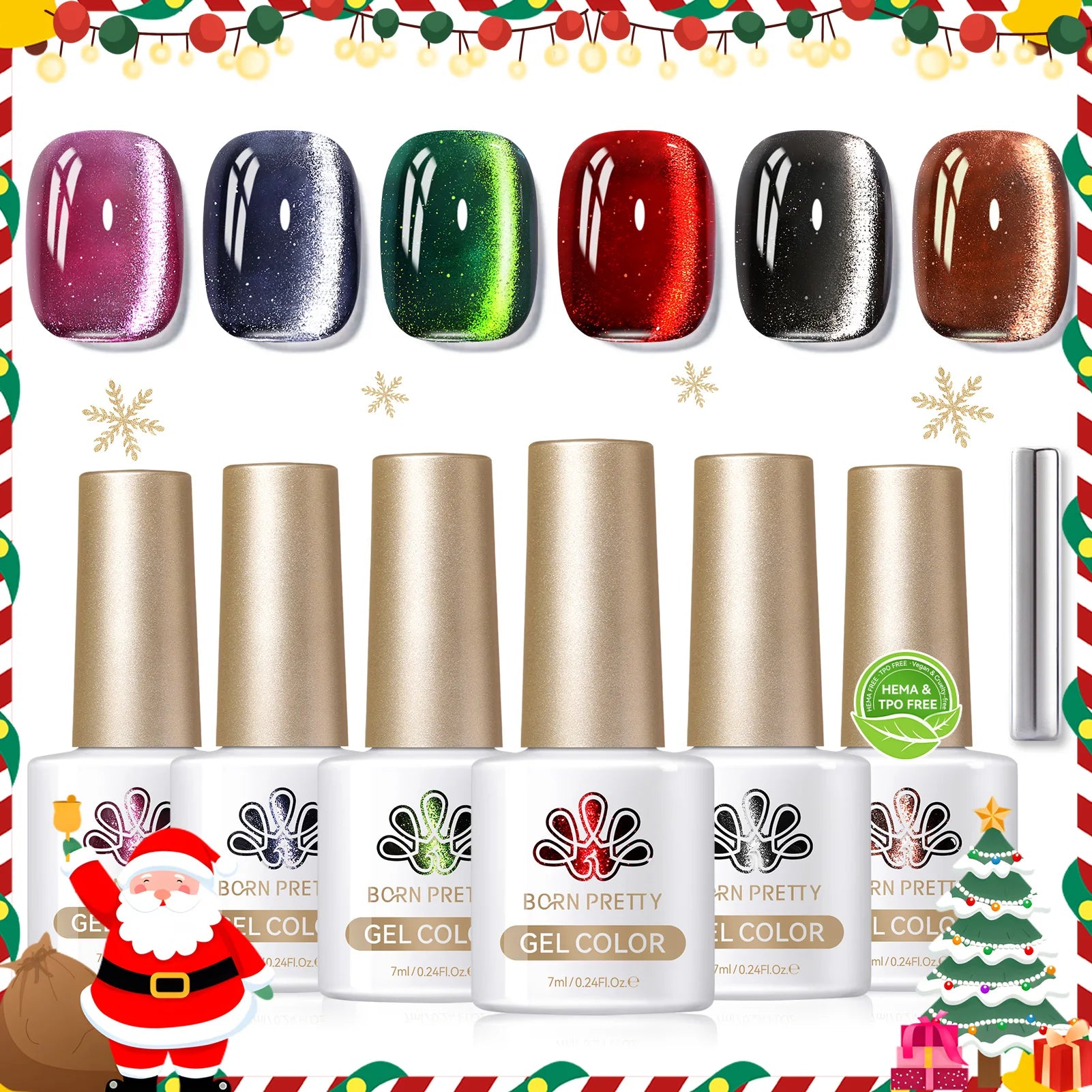 BORN PRETTY 7ml 6PCS Christmas Scarlet Carol Frosty Ode Cat Magnetic Eye Gel Nail Polish Set Winter Snowflake Soak Off UV Salon