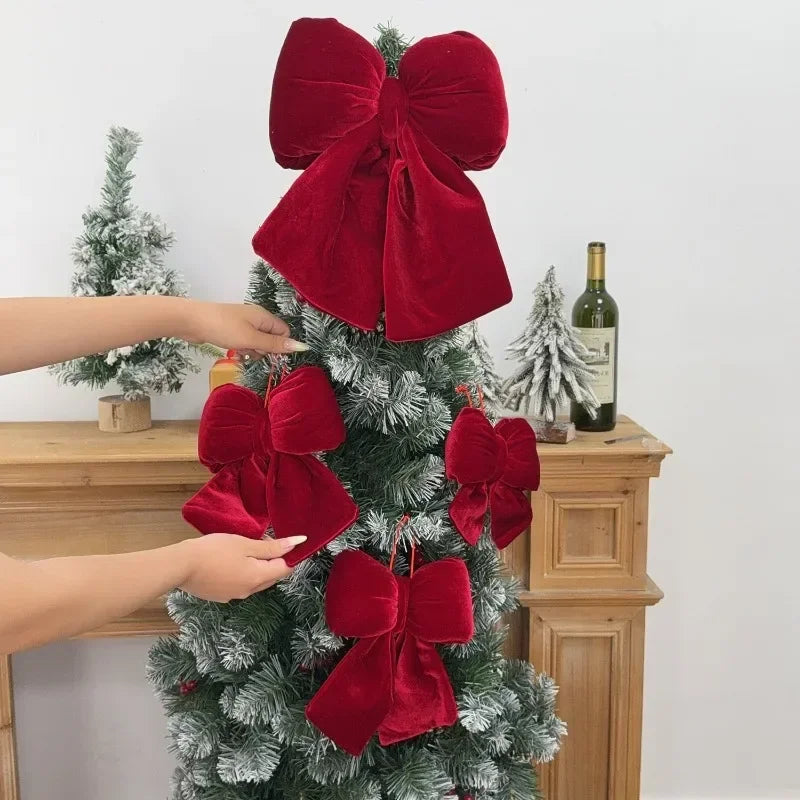 1-3Pcs Multiple sizes Red Velvet Bow Knot DIY Christmas Trees Hanging Ornaments Pendant Festival Party Decoration Bow Baubles
