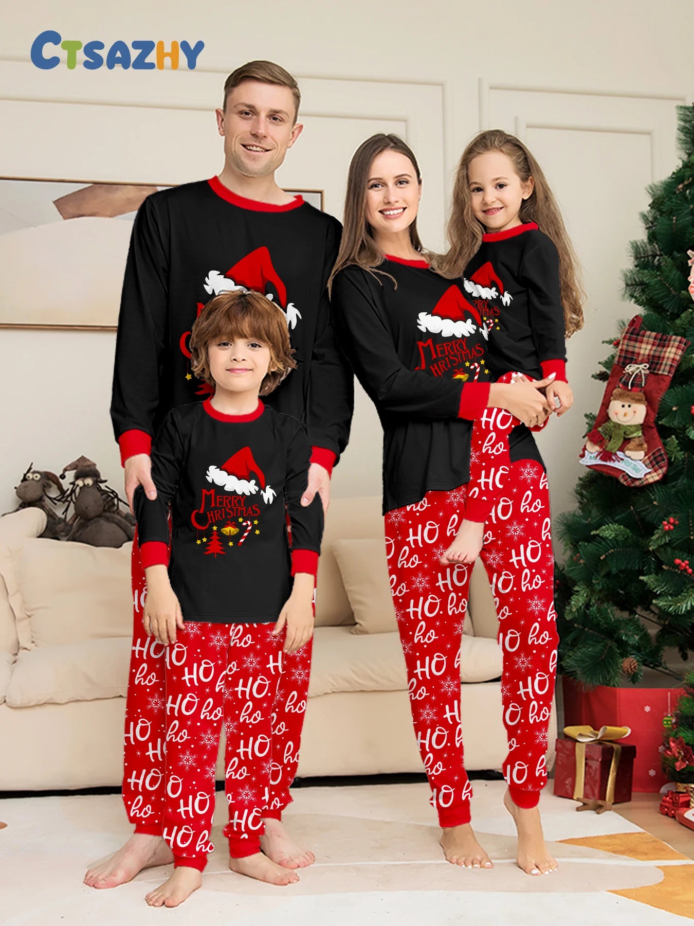 Black & Red Family Christmas Pajamas Set: Santa Hat 'Merry Christmas' Top + 'Ho Ho' Patterned Bottoms