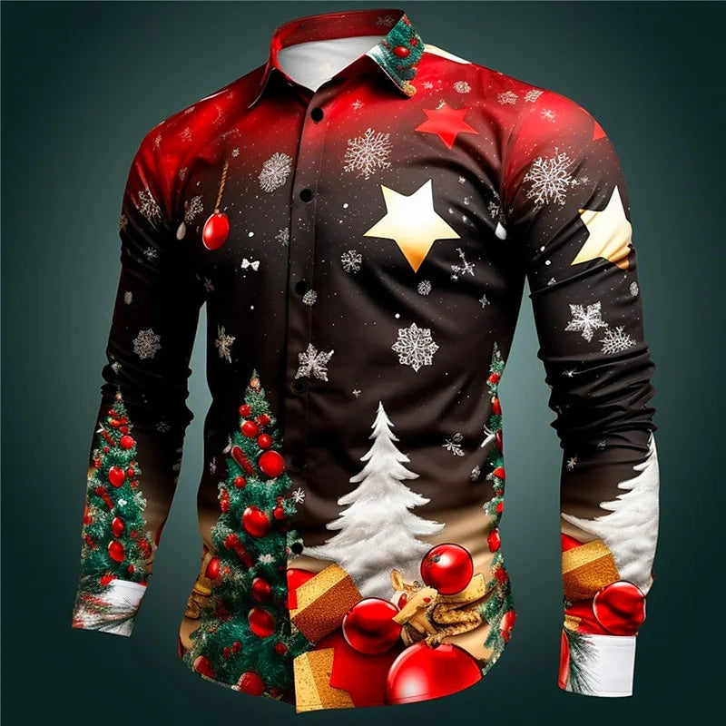 2024 Fashion Christmas Themed 3D Printed Men's Casual Long Sleeve Shirt Street Wear Party Size Shirt Santa Claus Hot Sale