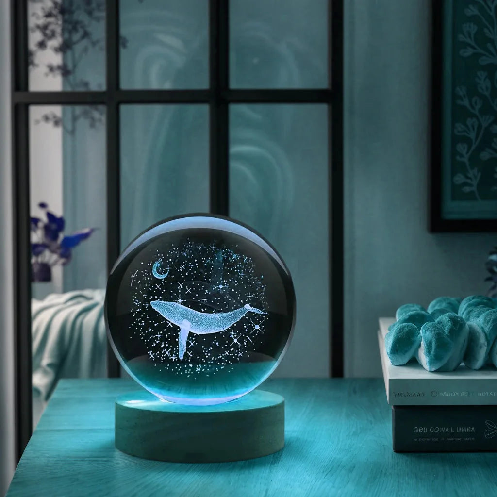 1pc 3D laser engraving ‌‌‌‌‌‌‌ moon with whale walk, crystal ball night light, modern polished glass decoration, Christmas, Hall