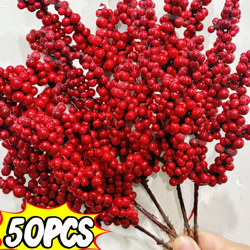 Artificial Red Berries Branch Christmas Fake Plants Flowers Lucky Holly Berry Stamen Wreath Ornaments Xmas Tree Party Home Decor