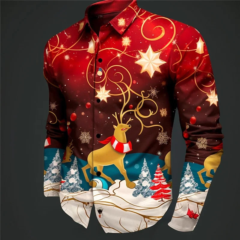 2024 Fashion Christmas Themed 3D Printed Men's Casual Long Sleeve Shirt Street Wear Party Size Shirt Santa Claus Hot Sale