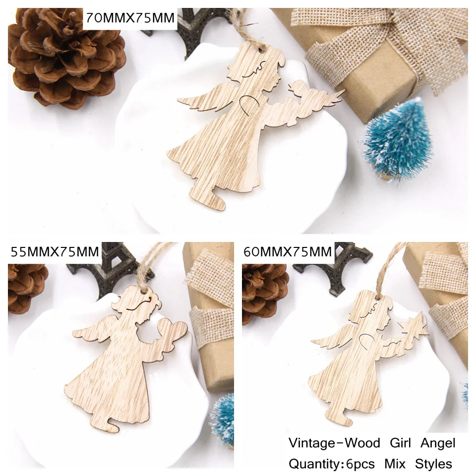 6PCS Vintage Christmas Wooden Pendant Hollow Canton Hanging Ornaments for Christmas Tree Decoration  DIY Wood Crafts Kids Toys