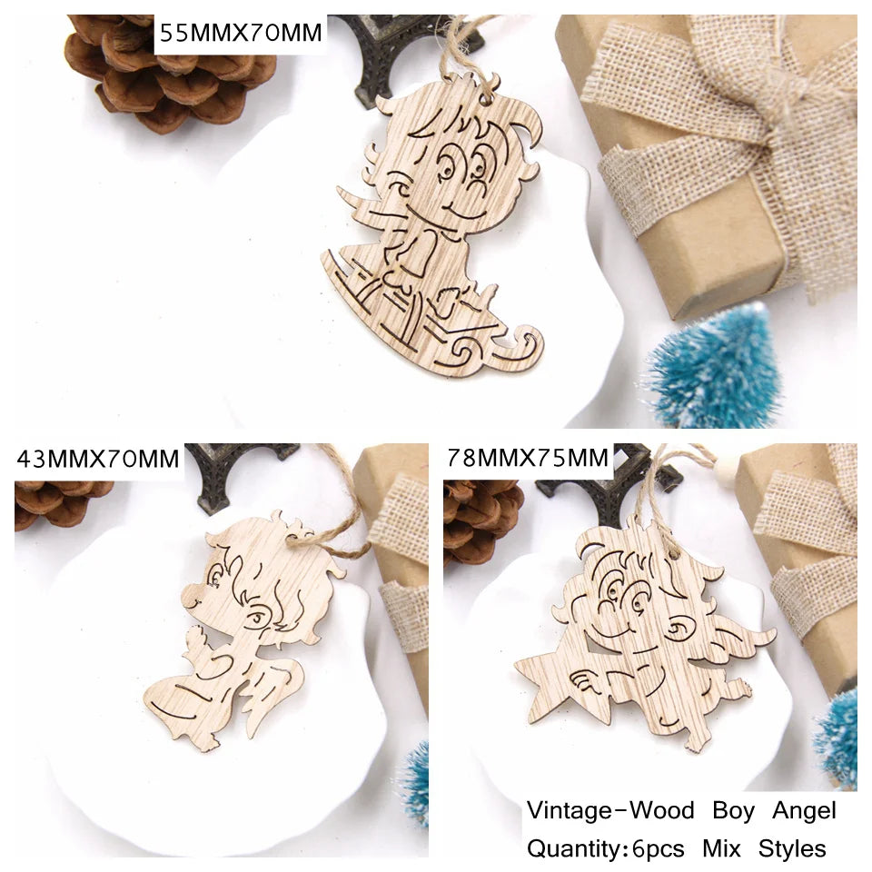 6PCS Vintage Christmas Wooden Pendant Hollow Canton Hanging Ornaments for Christmas Tree Decoration  DIY Wood Crafts Kids Toys