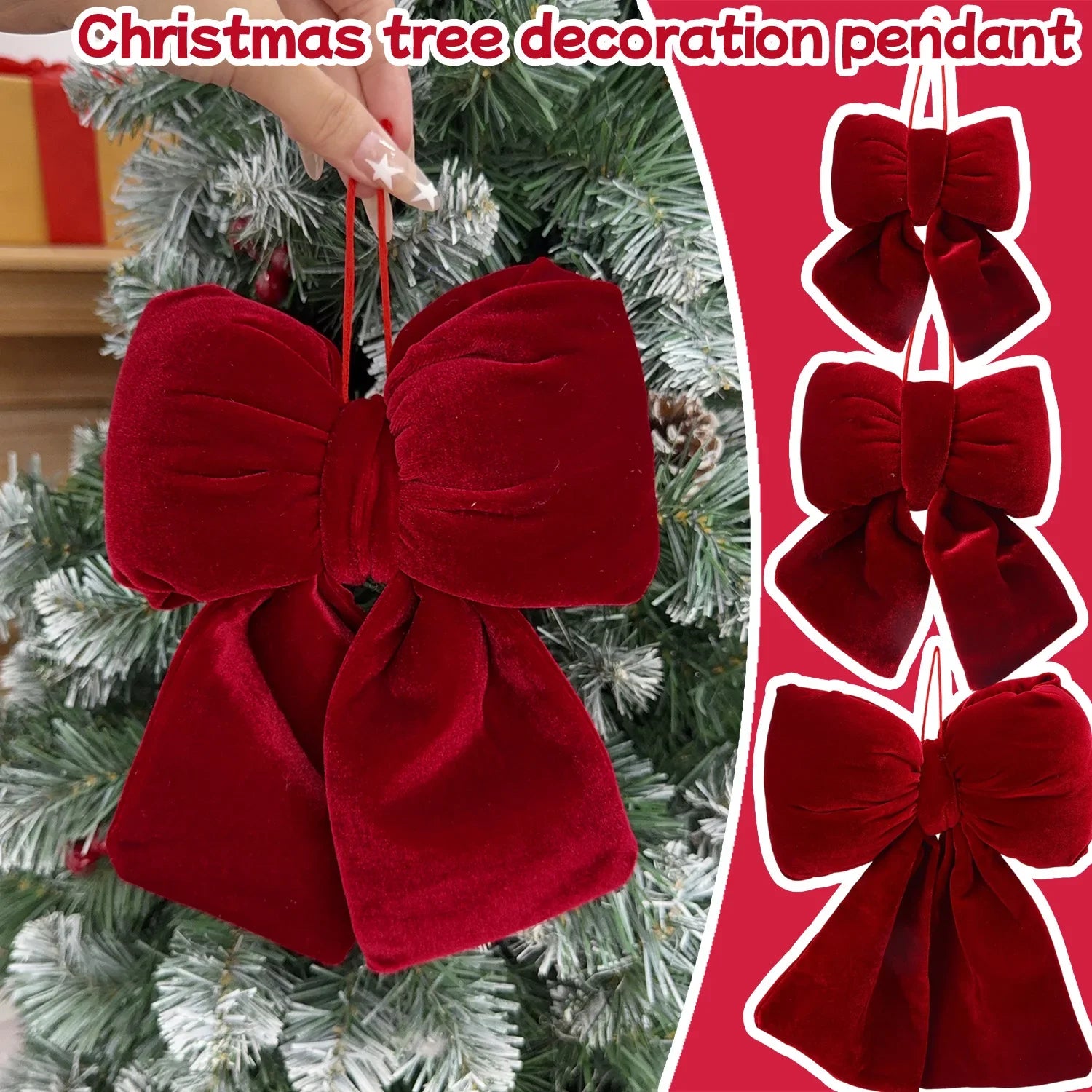 1-3Pcs Multiple sizes Red Velvet Bow Knot DIY Christmas Trees Hanging Ornaments Pendant Festival Party Decoration Bow Baubles