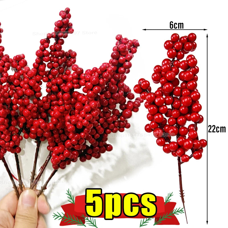 Artificial Red Berries Branch Christmas Fake Plants Flowers Lucky Holly Berry Stamen Wreath Ornaments Xmas Tree Party Home Decor
