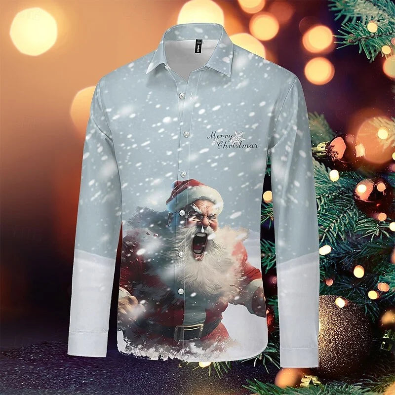 2024 Fashion Christmas Themed 3D Printed Men's Casual Long Sleeve Shirt Street Wear Party Size Shirt Santa Claus Hot Sale