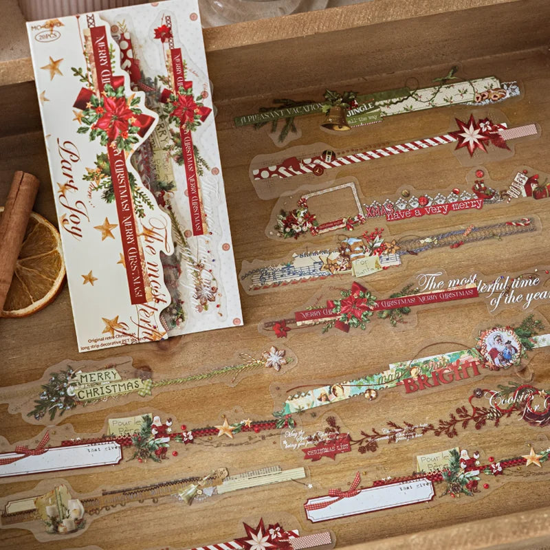 20 pieces/bag PET long strip stickers Christmas series theme stickers Handbook materials DIY greeting cards, envelopes, postcard