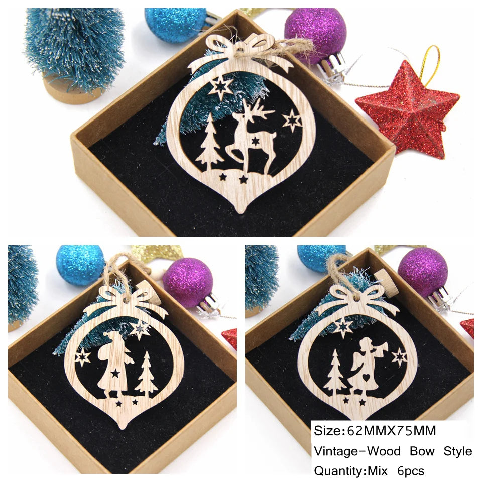 6PCS Vintage Christmas Wooden Pendant Hollow Canton Hanging Ornaments for Christmas Tree Decoration  DIY Wood Crafts Kids Toys