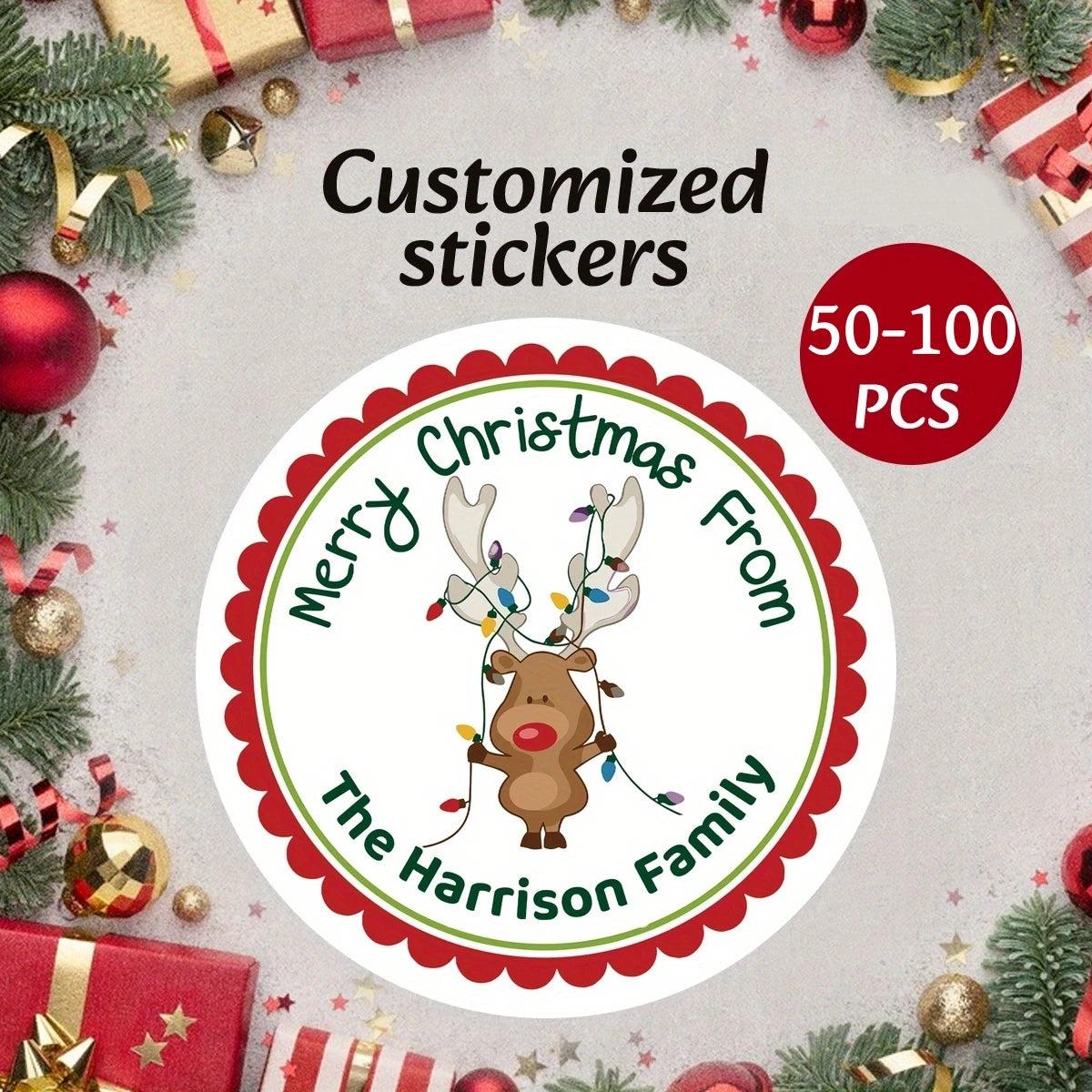 4-7CM Personalized Reindeer Christmas Sticker, Custom Holiday Gift and Envelope Labels - Harrison Family Merry Christmas Labels