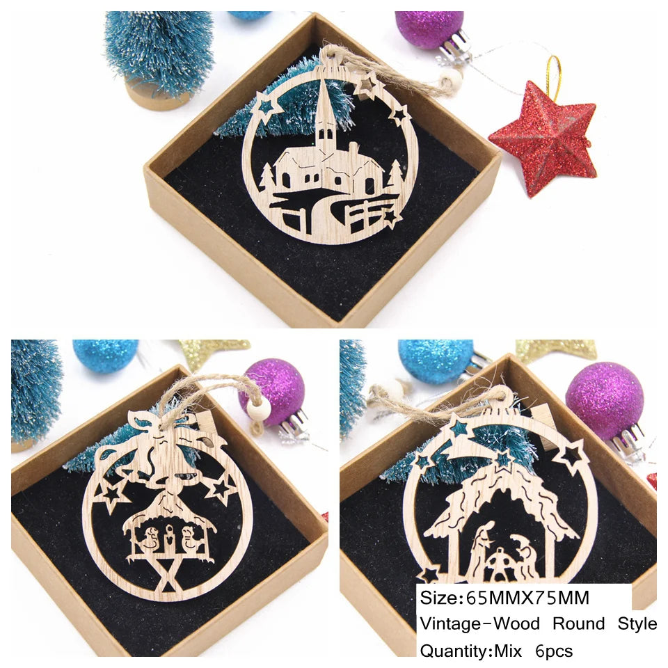 6PCS Vintage Christmas Wooden Pendant Hollow Canton Hanging Ornaments for Christmas Tree Decoration  DIY Wood Crafts Kids Toys