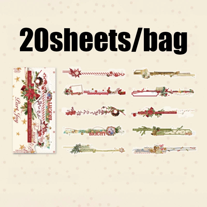 20 pieces/bag PET long strip stickers Christmas series theme stickers Handbook materials DIY greeting cards, envelopes, postcard