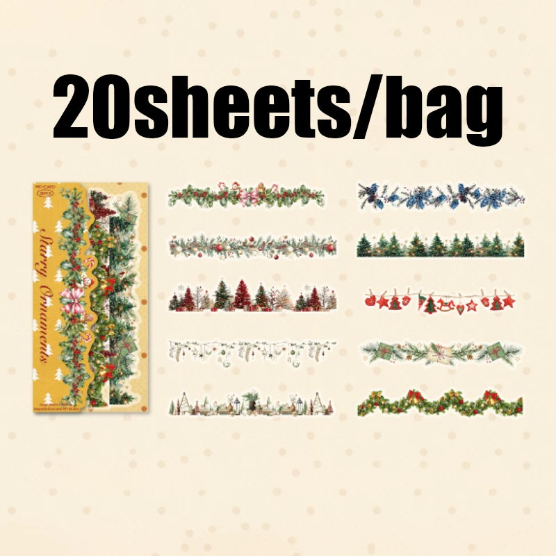 20 pieces/bag PET long strip stickers Christmas series theme stickers Handbook materials DIY greeting cards, envelopes, postcard