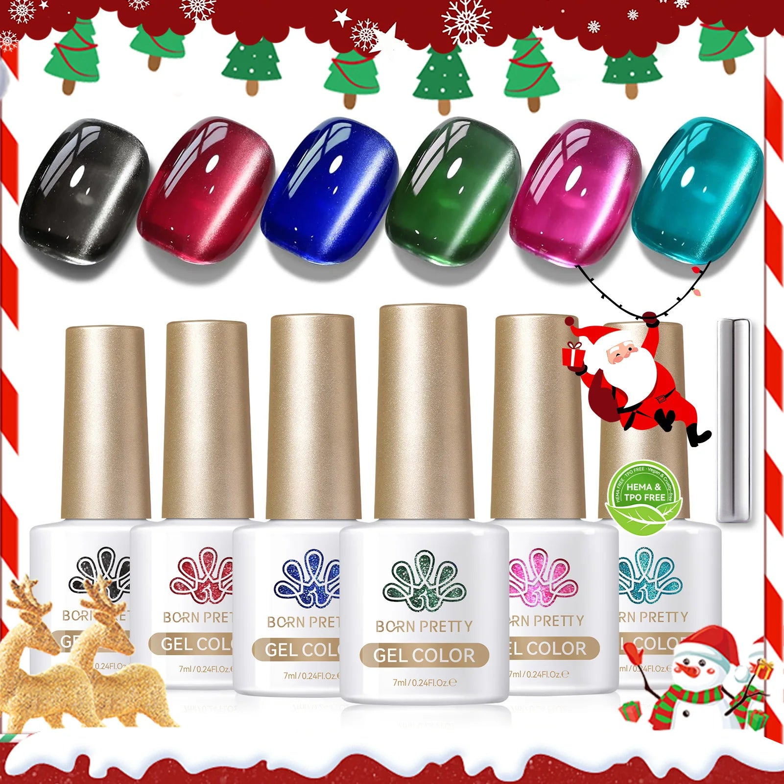 BORN PRETTY 7ml 6PCS Christmas Scarlet Carol Frosty Ode Cat Magnetic Eye Gel Nail Polish Set Winter Snowflake Soak Off UV Salon