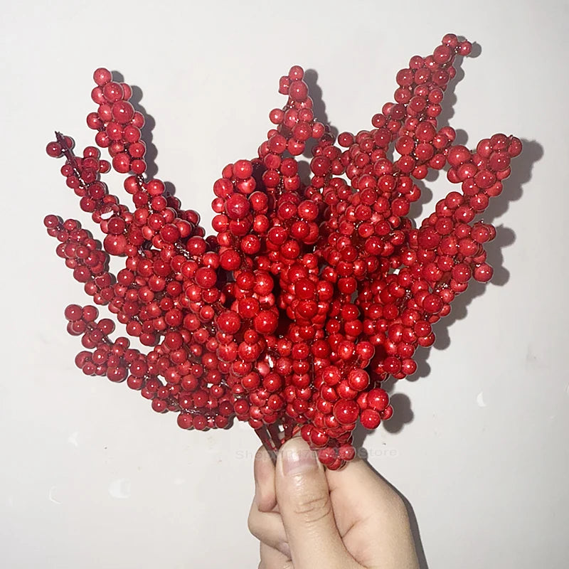 Artificial Red Berries Branch Christmas Fake Plants Flowers Lucky Holly Berry Stamen Wreath Ornaments Xmas Tree Party Home Decor