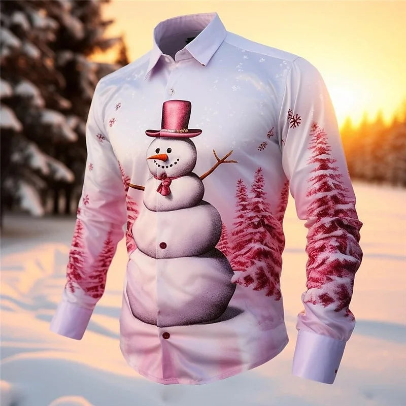 2024 Fashion Christmas Themed 3D Printed Men's Casual Long Sleeve Shirt Street Wear Party Size Shirt Santa Claus Hot Sale