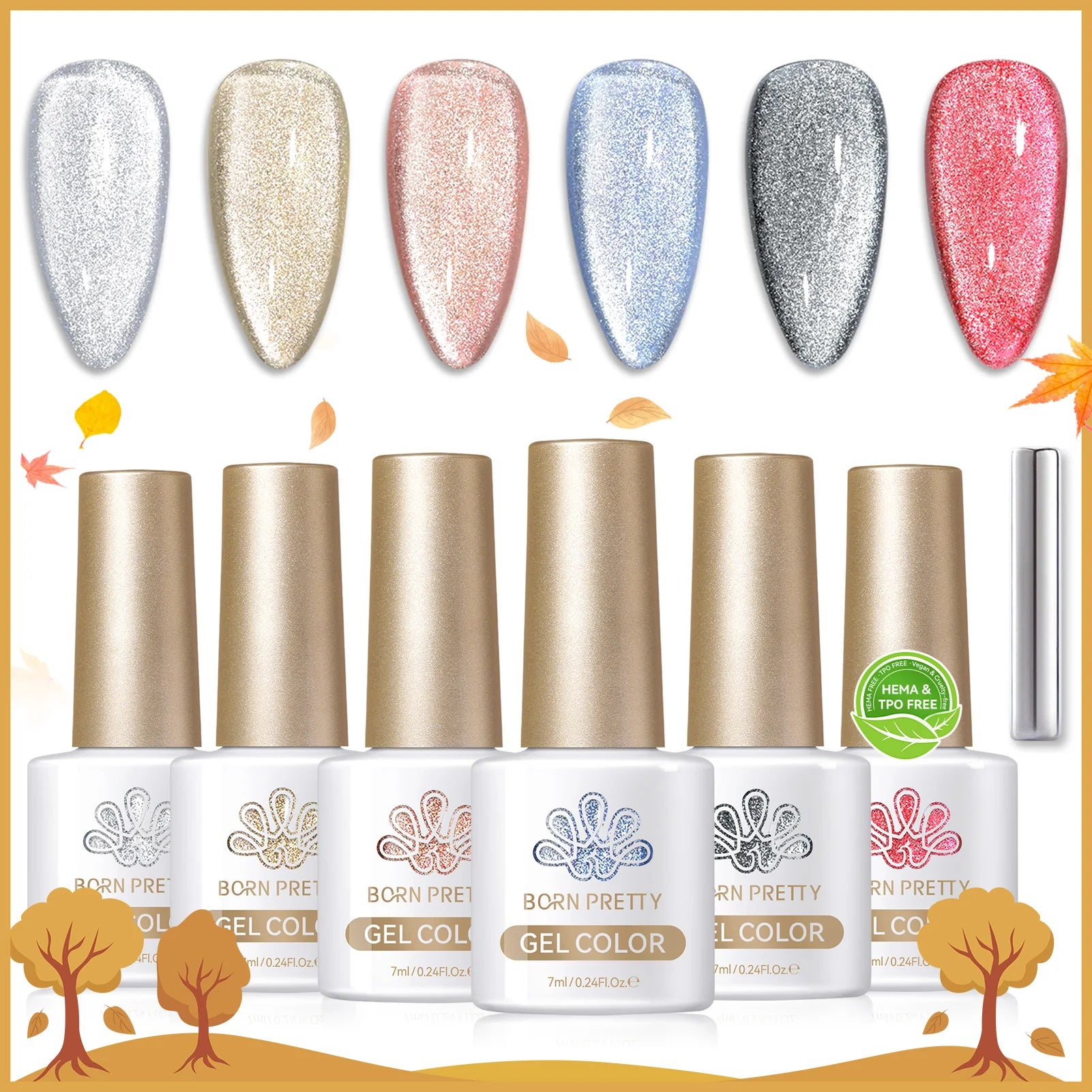 BORN PRETTY 7ml 6PCS Christmas Scarlet Carol Frosty Ode Cat Magnetic Eye Gel Nail Polish Set Winter Snowflake Soak Off UV Salon