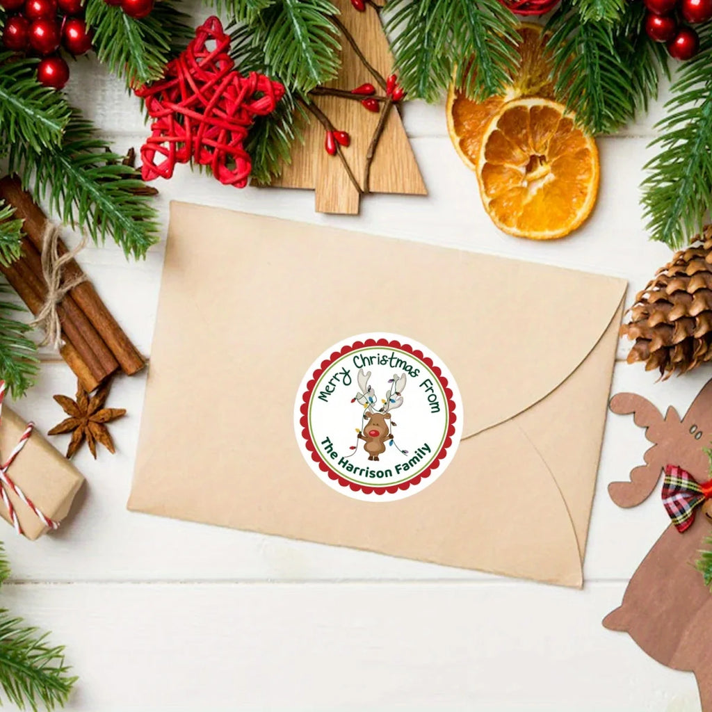 4-7CM Personalized Reindeer Christmas Sticker, Custom Holiday Gift and Envelope Labels - Harrison Family Merry Christmas Labels