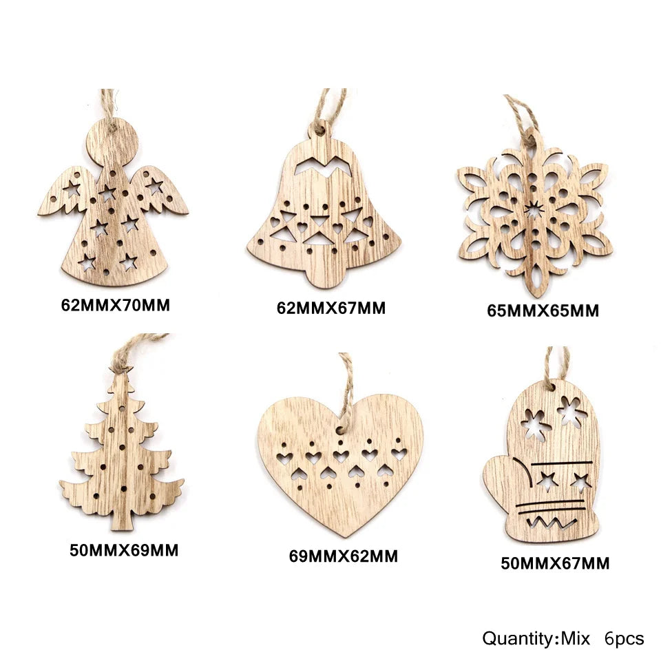 6PCS Vintage Christmas Wooden Pendant Hollow Canton Hanging Ornaments for Christmas Tree Decoration  DIY Wood Crafts Kids Toys
