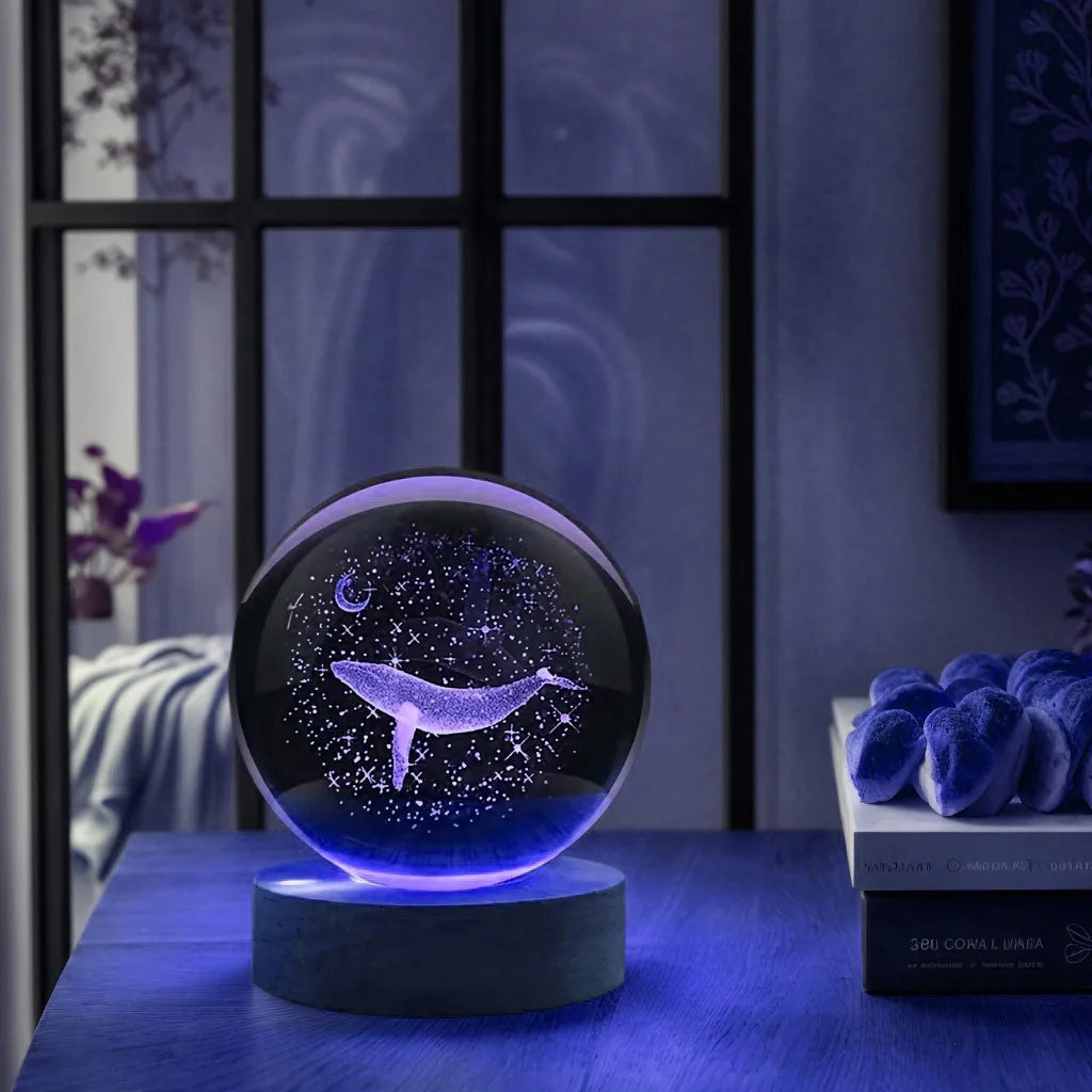 1pc 3D laser engraving ‌‌‌‌‌‌‌ moon with whale walk, crystal ball night light, modern polished glass decoration, Christmas, Hall