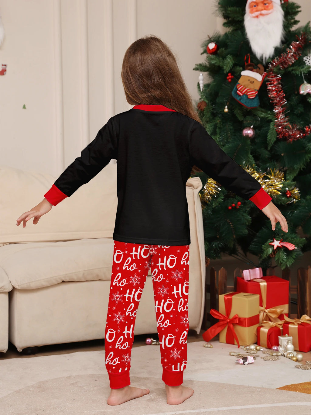 Black & Red Family Christmas Pajamas Set: Santa Hat 'Merry Christmas' Top + 'Ho Ho' Patterned Bottoms