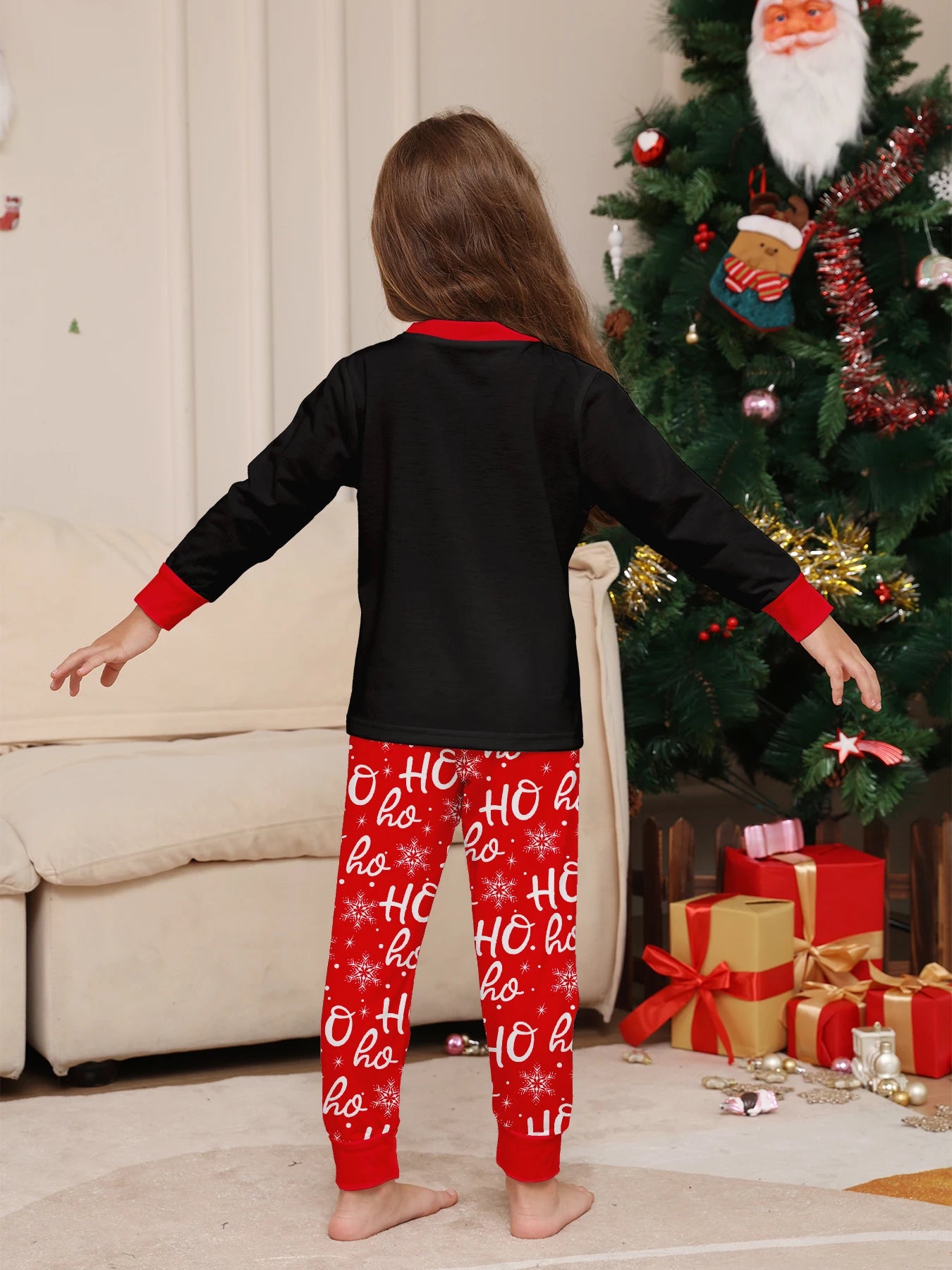 Black & Red Family Christmas Pajamas Set: Santa Hat 'Merry Christmas' Top + 'Ho Ho' Patterned Bottoms