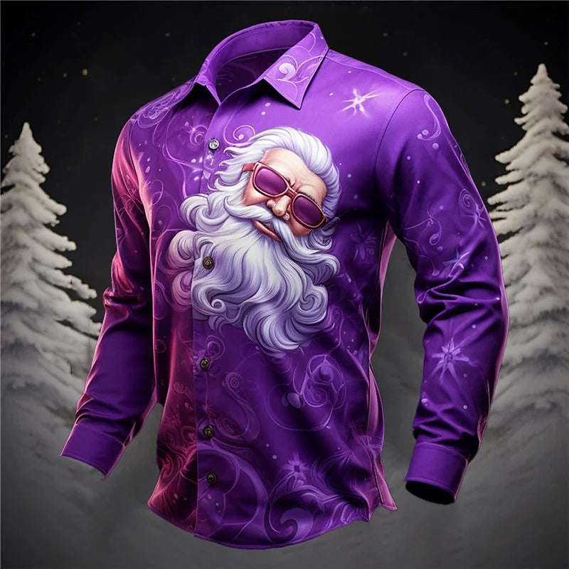 2024 Fashion Christmas Themed 3D Printed Men's Casual Long Sleeve Shirt Street Wear Party Size Shirt Santa Claus Hot Sale