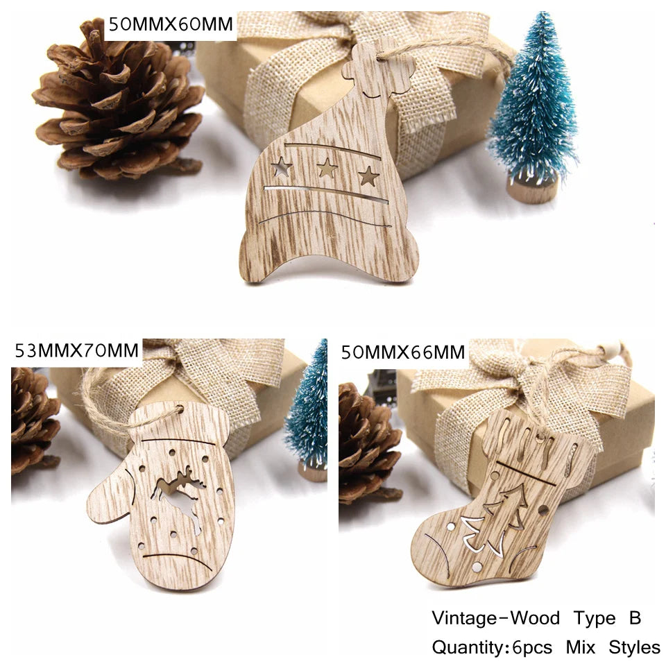 6PCS Vintage Christmas Wooden Pendant Hollow Canton Hanging Ornaments for Christmas Tree Decoration  DIY Wood Crafts Kids Toys