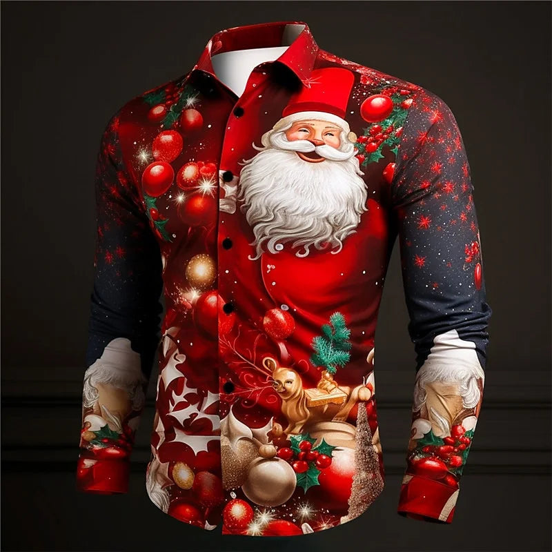 2024 Fashion Christmas Themed 3D Printed Men's Casual Long Sleeve Shirt Street Wear Party Size Shirt Santa Claus Hot Sale