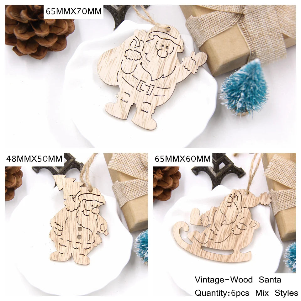 6PCS Vintage Christmas Wooden Pendant Hollow Canton Hanging Ornaments for Christmas Tree Decoration  DIY Wood Crafts Kids Toys