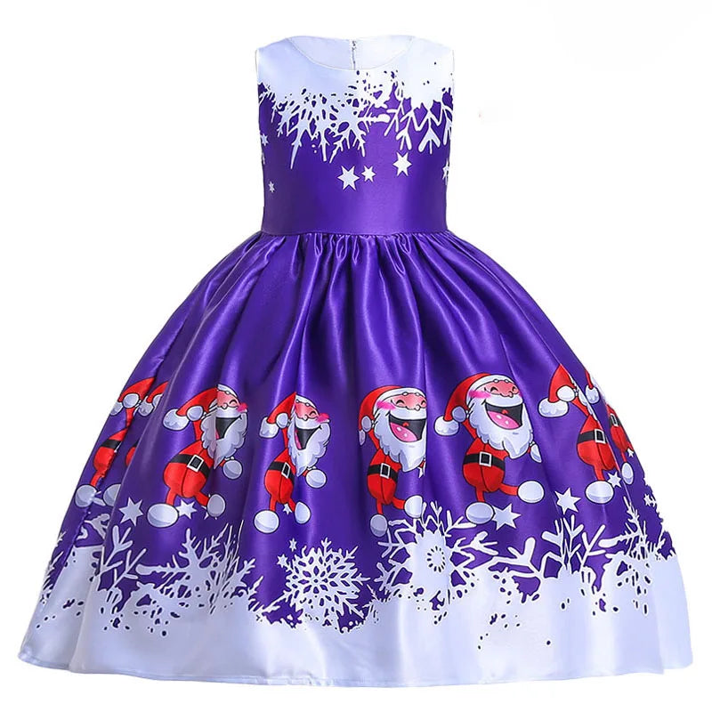 Fancy Santa Claus Dress for Girls Christmas Costumes Elegant Snowflake Xmas Printed Party Girl Dresses Birthday Carnival Vestido