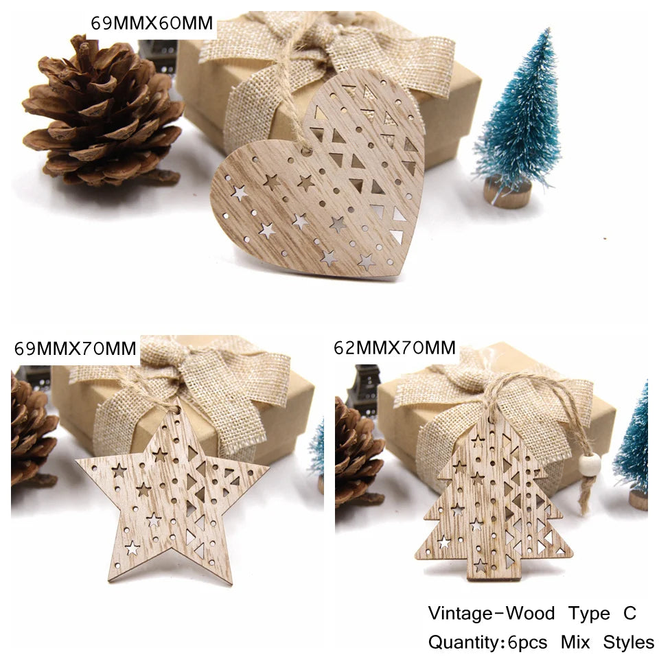 6PCS Vintage Christmas Wooden Pendant Hollow Canton Hanging Ornaments for Christmas Tree Decoration  DIY Wood Crafts Kids Toys