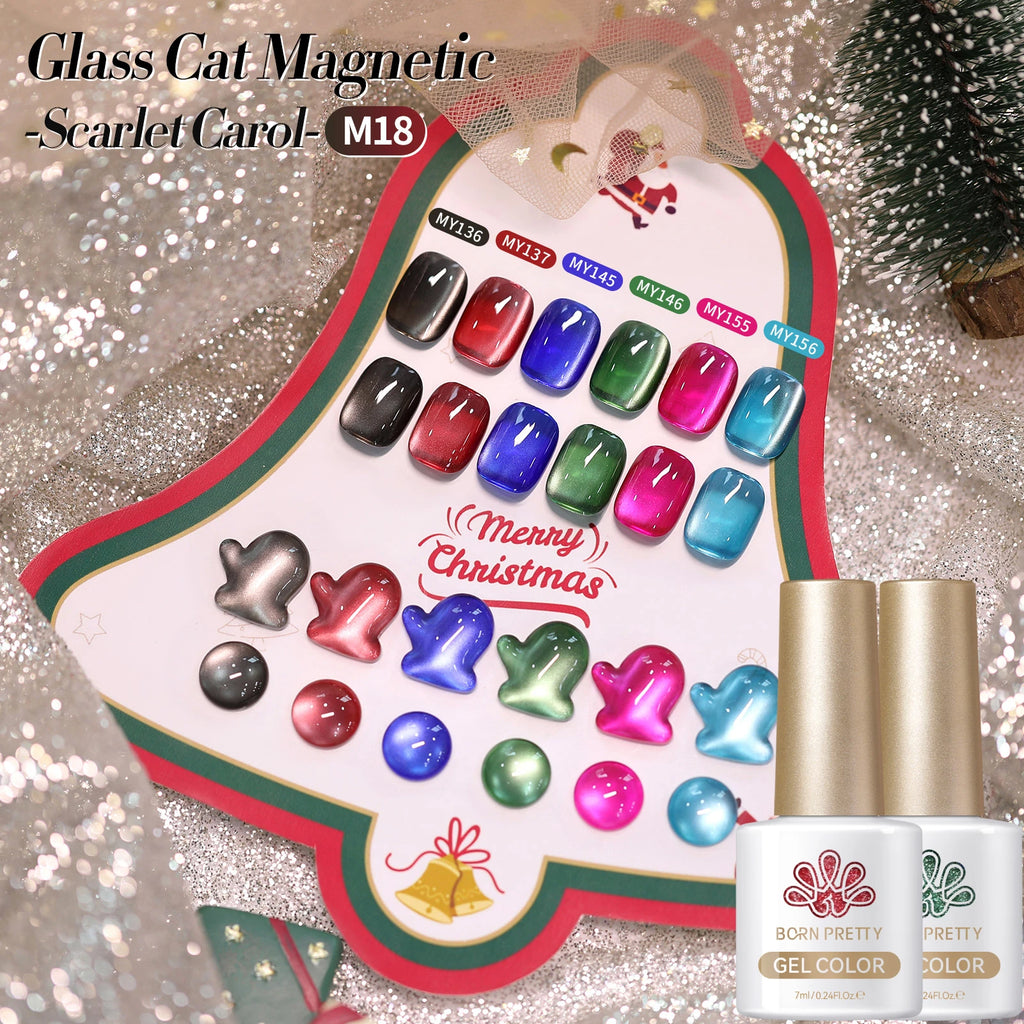 BORN PRETTY 7ml 6PCS Christmas Scarlet Carol Frosty Ode Cat Magnetic Eye Gel Nail Polish Set Winter Snowflake Soak Off UV Salon