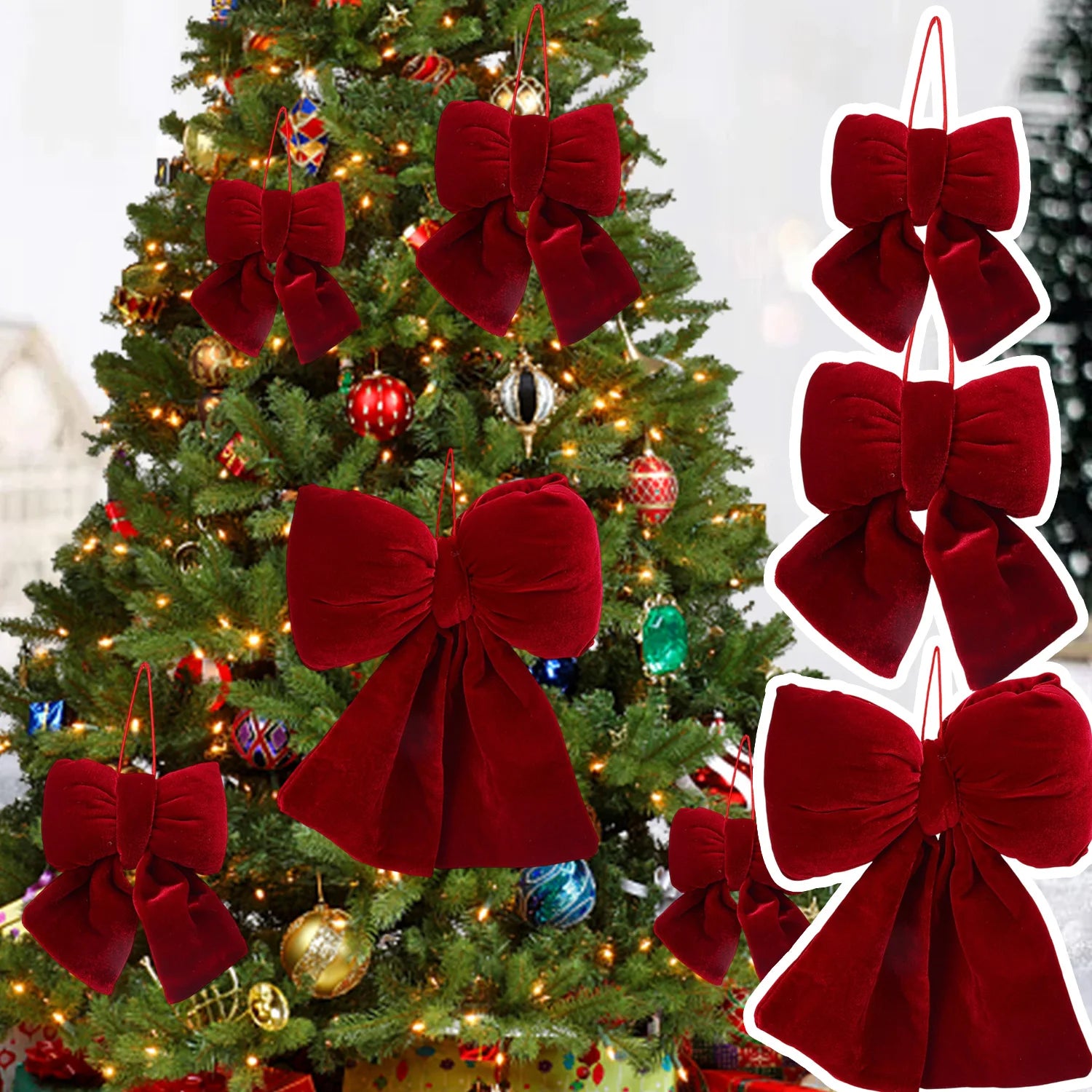 1-3Pcs Multiple sizes Red Velvet Bow Knot DIY Christmas Trees Hanging Ornaments Pendant Festival Party Decoration Bow Baubles
