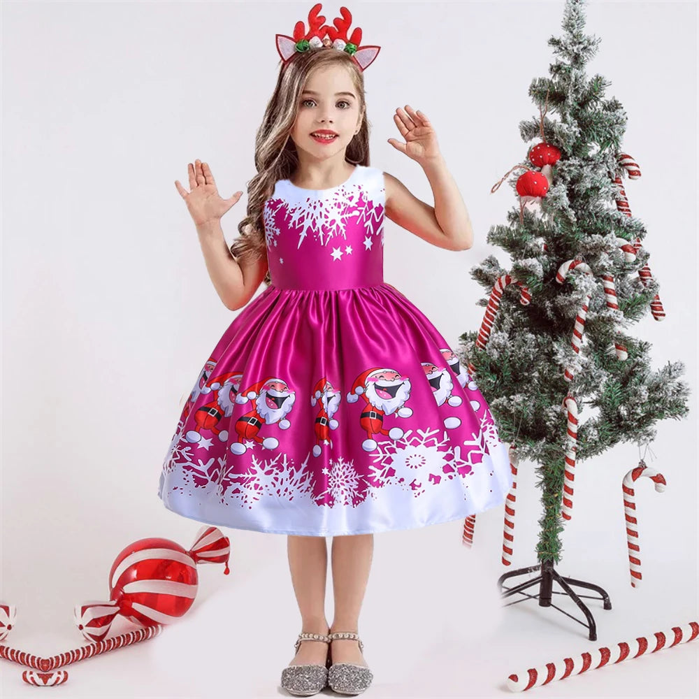 Fancy Santa Claus Dress for Girls Christmas Costumes Elegant Snowflake Xmas Printed Party Girl Dresses Birthday Carnival Vestido