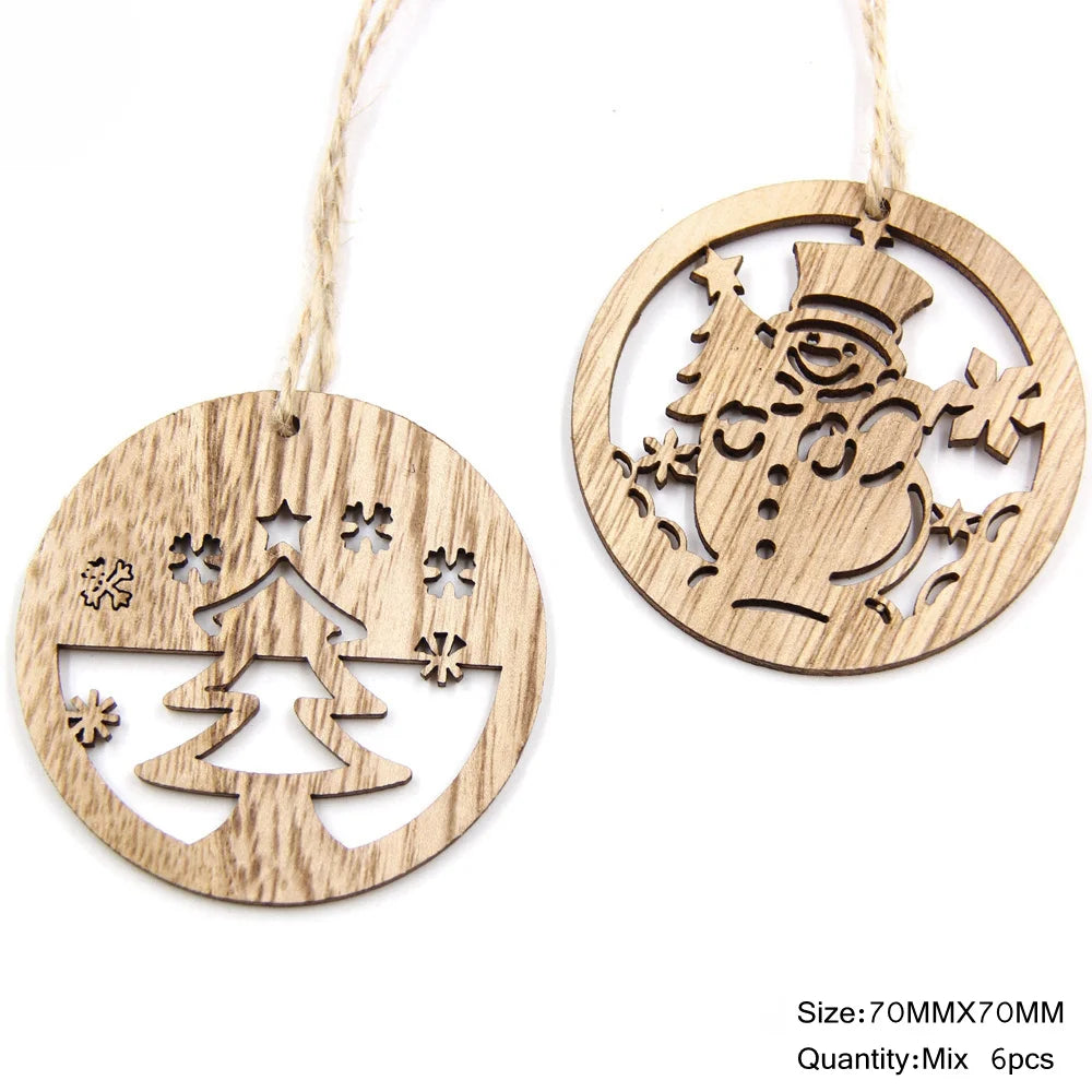 6PCS Vintage Christmas Wooden Pendant Hollow Canton Hanging Ornaments for Christmas Tree Decoration  DIY Wood Crafts Kids Toys