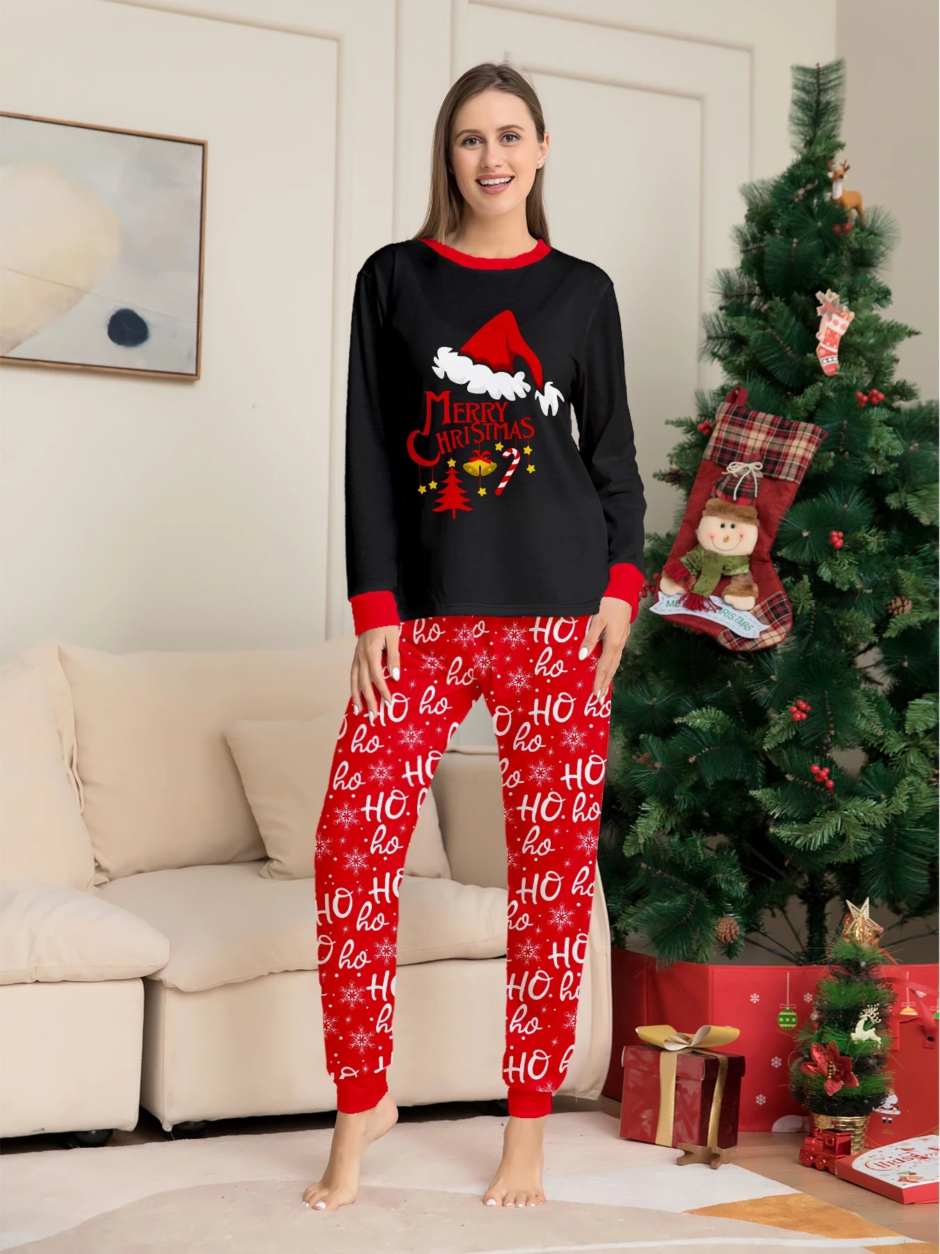 Black & Red Family Christmas Pajamas Set: Santa Hat 'Merry Christmas' Top + 'Ho Ho' Patterned Bottoms