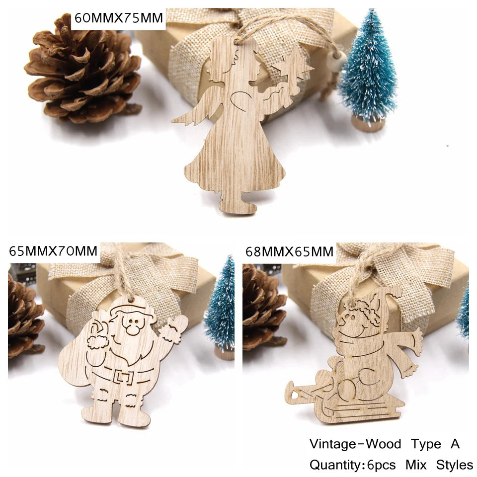 6PCS Vintage Christmas Wooden Pendant Hollow Canton Hanging Ornaments for Christmas Tree Decoration  DIY Wood Crafts Kids Toys