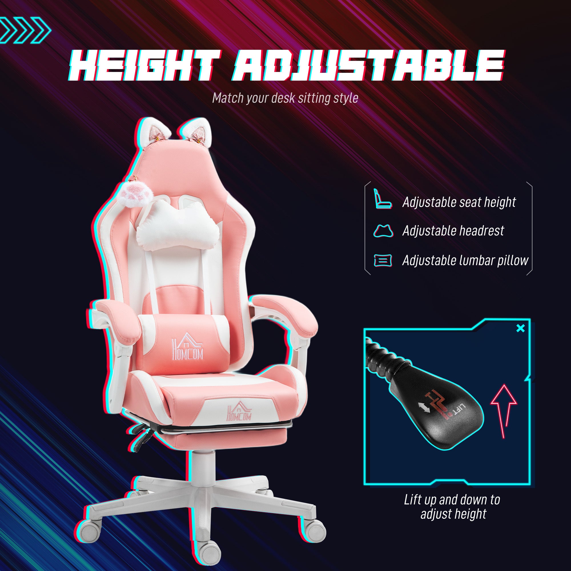 Cute Racing Gamer Chair, Faux Leather Gaming Chair With Footrest, Headrest And Lumbar Support