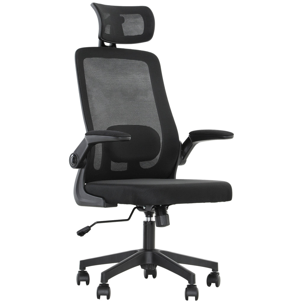 Mesh Office Chair, Ergonomic Desk Chair With Flip-up Armrest, Rotatable Headrest, Adjustable Lumbar Support, Black
